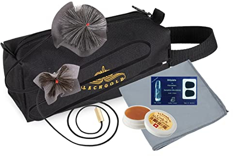 Lechgold Pflegeset für Alt- und Tenor-Saxofon - Komplettes Pflege-Zubehör - 4 Bissplatten - 2 Durchziehwischer - Korkfett und Silberputztuch - Mikrofasertuch - Robuste Tasche mit Halteschlaufe