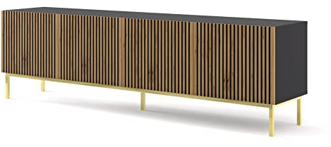 BIM Furniture TV-Schrank Ravenna F 200 cm 4D mit gefräster Front Hochwertiges MDF Lowboard Schrank TV Tisch Sideboard Kommode Hi-Fi Tisch Fernsehtisch Skandinavische (Schwarz Matt/Artisan Eiche)