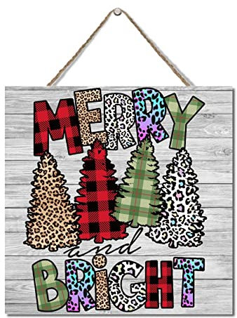 Holzschilder Merry and Bright Holzschilder Home Decor Wandbehang Büffel Karo Plaid Leopard Druck Dankbare Zitate Vintage Wand Tür Kunst Schild Hängende Holzschild Home Wall Decor 30,5 x 30,5 cm