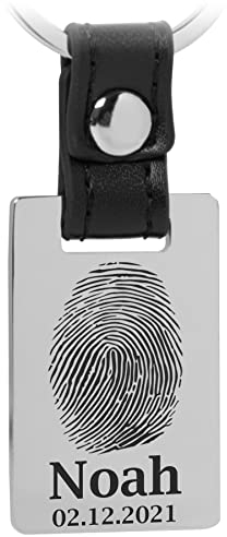 Mister Boncuk Fingerabdruck Schlüsselanhänger mit Gravur aus Edelstahl mit Echtleder - Personalisierbar mit Wunschgravur - Perfekt auch als Geschenkidee (Hochglanz - Schwarzgravur)