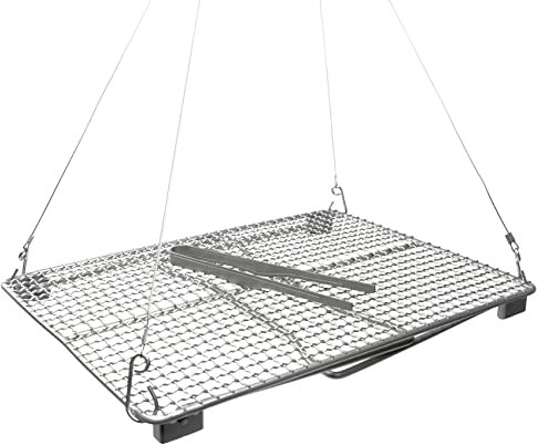 GRITR Barbacoa portátil al aire libre fogata cocina malla de titanio plegable parrilla con funda protectora, pinzas de titanio, ganchos colgantes