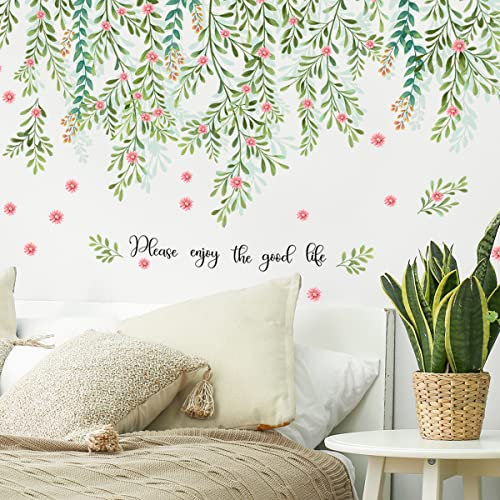 fanquare Hanging Green Vine Leaf with Pink Floral Wall Decal Removable Watercolor Eucalyptus Green Plants Leaves Wall Stickers for Living Room