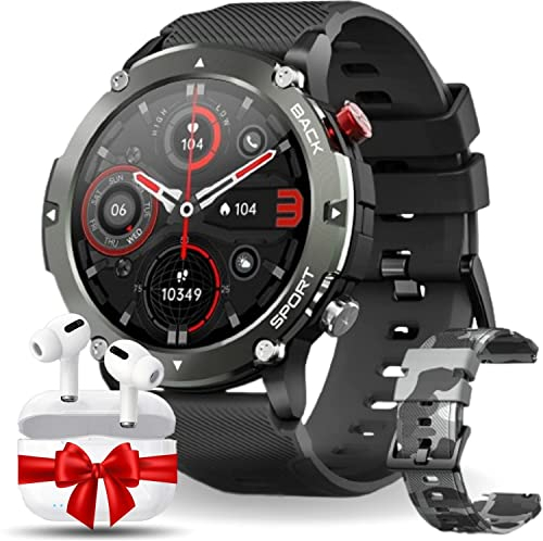 [PACK GIMNASIO] Smartwatch Hombre Militar Reloj Inteligente Llamada Bluetooth V5.1 Pantalla Táctil HD 1.32 Completo 20 Modos de Deportes Monitor de Sueño IP68 Smartwatch Android e iOS