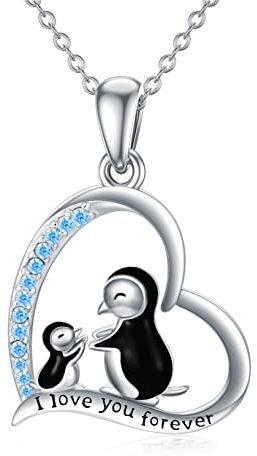 Flpruy Pinguin Kette Damen 925 Silber Herz Pinguin Anhänger Mutter Kind Herz Halskette Schmuck Geschenke für Frauen Tochter