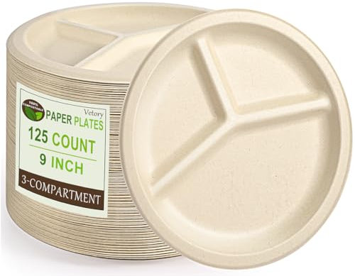 Vetory Lot de 125 assiettes jetables à 3 compartiments 22,9 cm