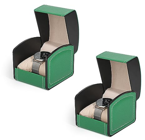 GAESHOW 2 Stück Tragbare Leder Uhrenbox Klein, PU Leder Uhrenkästchen, Uhren Speicherkasten, Uhren Aufbewahrungsbox, Vintage Uhrengehäuse, Reise Single Watch Case für Männer und Frauen (Grün)