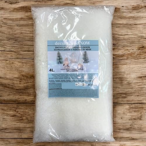 MIJOMA - Natural Kunstschnee Streuschnee Schneedeko Dekoschnee ökolokisch abbaubar, künstlicher Schnee für Winterlandschaft und Weihnachtsdekoration, weiß extra fein Pulverschnee 4 Liter