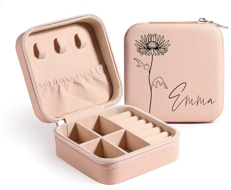 MeMeDIY Personalisierte Schmuckschatulle mit Namen/Blume Individuelles Leder Reise-Schmuckkästchen Schmuck-Organizer-Box Hochzeit Brautjungfer Geschenke für Frauen und Mütter B1-Rosa