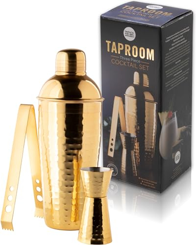 Taylor's Eye Witness Taproom 3pcs Gold Coloured Hammered Stainless-Steel Cocktail Shaker Set - Includes 500ml (17.5fl oz) Metal Cobbler Shaker, 25ml/40ml Double Jigger & Ice Tongs.