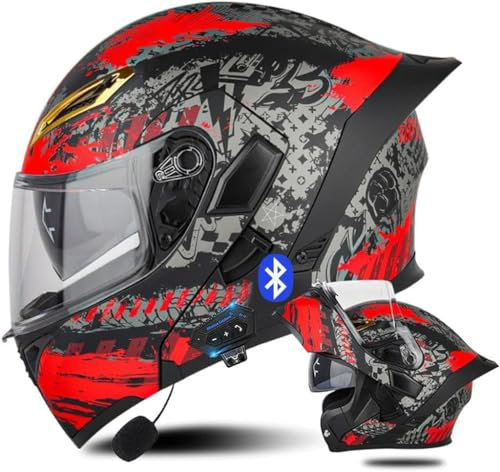 Adults Klapphelm Mit Bluetooth, Anti-Fog Visier Motorrad Integrierter Bluetooth-Helm Mit Doppelvisier, Motorradhelm Für Herren Und Damen ECE Zertifiziert - Automatische Reaktion