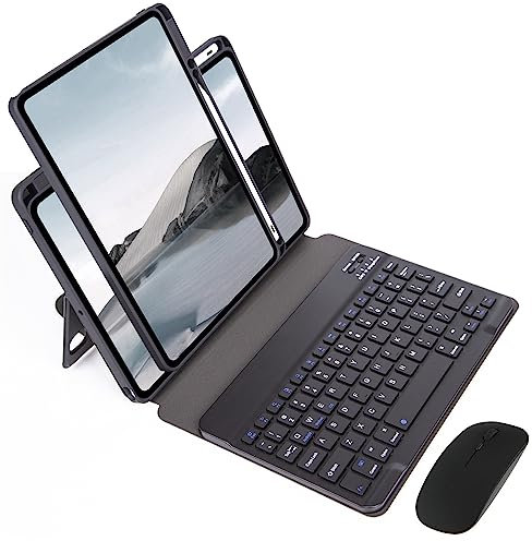 Clavier Étui Rotatif 360 pour iPad Pro 12,9 6e/5e/4e/3e génération avec Souris Bluetooth Rechargeable, Housse Protection PU Cuir avec QWERTY Détachable sans Fil Clavier et Porte-Crayon, Noir