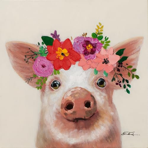 Art Universe Gemälde Lustige Tiere- handgemalt - Acrylgemälde - Moderne Kunst (Schweinchen mit Blumen, 50x50 cm)