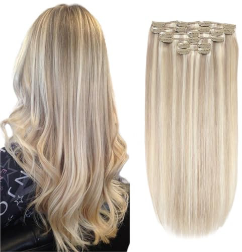 XDhair Clip in Extensions Echthaar Clip in Remy Haarverlängerungen Echthaar Dreckiges Blond Highlights Bleichblond 50cm 120g Echthaar Extensions 6 Stück(#18P613-20 Zoll)