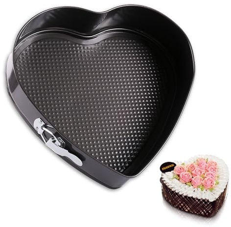 JJYHEHOT 10 inch Heart Shape Cake Tin, Removable Base, Stainless Steel Cake Mold with Snap Closure and Non Stick Layer, Easy to Demould, for Chiffon Cake, Black
