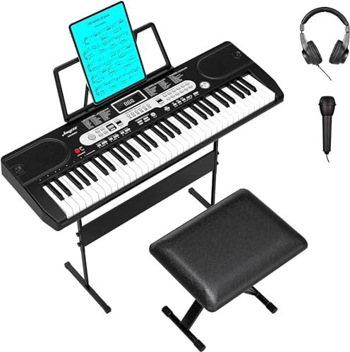Senfot Tastiera per bambini a 61 tasti, tastiera elettrica portatile, supporto robusto e sgabello regolabile, con cuffie e microfono (set nero)