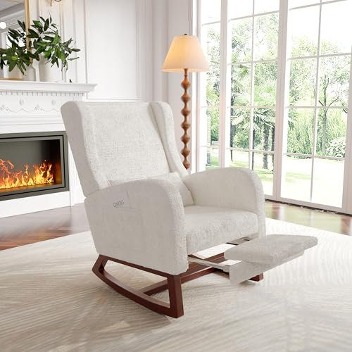 Schaukelstuhl Sessel Relaxsessel Schaukelsessel mit Fußstütze,Stillstuhl Schwingstuhl mit Schafwolle und Lendenkissen & 2 Seitentaschen, Bequemer Lesesessel für Wohnzimmer Schlafzimmer (Weißer Reis)
