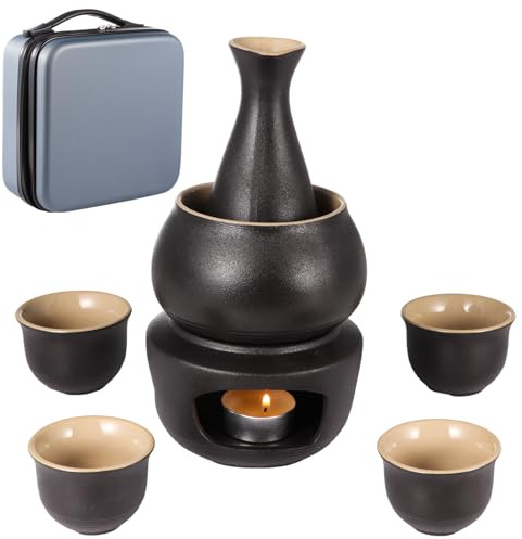 Juego de sake de cerámica con calentador de sake de 8 piezas con bolsa, juego de sake tradicional japonés, juego de servir sake caliente con 4 vasos, jarra, calentador y portavelas