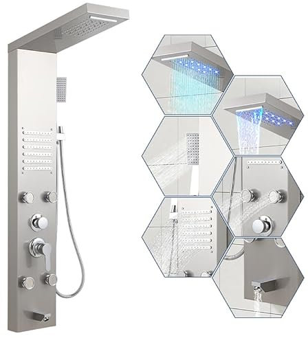 Fiqops Duschpaneel Edelstahl mit Armatur Duschpaneel 5 Funktionen mit LED Regen&Wasserfall Dusche、Massagedüsen、Handbrause und Wanneneinlauf Duschpaneel Duschsäule