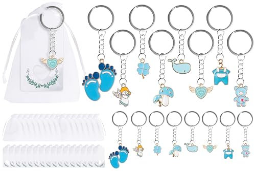 Fyshird 16 Stück Schutzengel Schlüsselanhänger mit Baby Anhänger Blau Geschenkanhänger Organzabeutel Glücksbringer Gastgeschenke für Taufe Baby Shower Baby Reveval Kinder Geburtstag Party