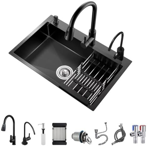 Fregadero de cocina negro, estación de trabajo de acero inoxidable con grifo extraíble, dispensador de jabón y cesta de drenaje (55 x 45 x 20 cm)