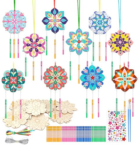 SRIZIAN 10 Stück Windspiel Bastelset Kinder, Holz Basteln Windspiele für Kinder Mädchen Junge Geburtstagsfeier Dekoration DIY Kinderspielzeug- Mandala