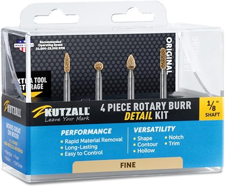 Kutzall Kit de 4 Fraises Rotatives – Tige 1/8″ – Pointe Fine, Grain Fin – Pour Sculpture sur Bois, Gravure de Précision – Compatible Dremel, Foredom, Ryobi – Carbure de Tungstène Structuré