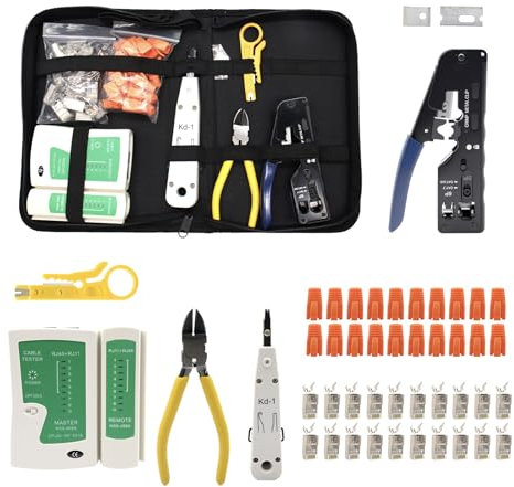 RJ45 Crimpzange Netzwerkstecker Set, Netzwerk Werkzeug Set, Mit 20 X RJ45 Stecker Cat7/Cat6aPass Through, LSA Auflegewerkzeug,Abisolierzange, Netzwerktester