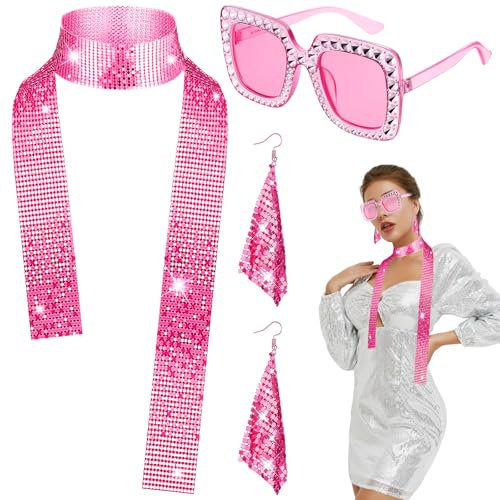 Lot de 3 tenues disco des années 70 pour femme - Accessoires disco à paillettes - Rouge rose - Écharpe à paillettes - Boucles d'oreilles pour Halloween, carnaval, fête à thème rétro