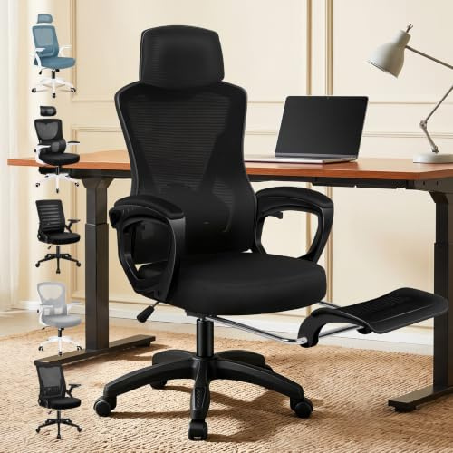 ELFORDSON Ergonomic Office Chair, High Back 150° Reclining Computer Chair with Headrest and Adjustable Lumbar Support, Soft Padded Armrest, Retractable Footrest, Swivel Desk Chairs for Home, Black