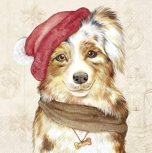 Servietten 3-lagig 33 x 33 cm | 20 Stück | Papierservietten Bunt Perfekt für den Weihnachtstisch | Weihnachten | Winter | Tischdeko | Decoupage | Serviettentechnik (Hund mit Hut)