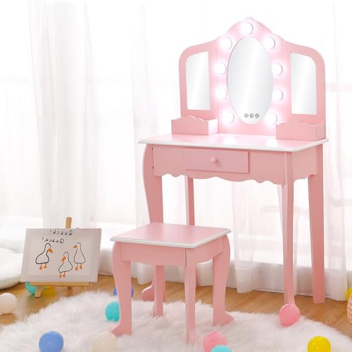 Garvee Kinderwaschtisch mit beleuchtetem Spiegel, Schminktisch und Hocker, Kinder-Make-up mit dreifach klappbarem Spiegel, Schublade und Aufbewahrungsgitter für 3–9 Jahre, Rosa
