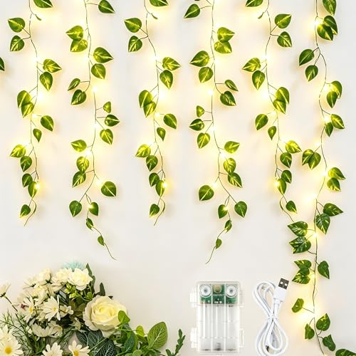YOUNGAR Weinrebe mit Lichterkette, batterie-/USB-betrieben, 7 m, 73 LEDs, Pothos-Lichterkette mit Speicher und Timer, Blattlichter für Schlafzimmer, Zimmer, Garten, Party, Hochzeit, Wanddekoration