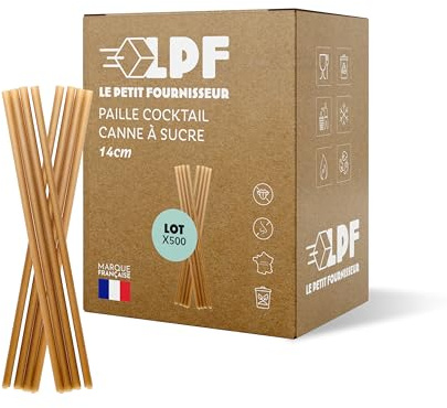 LPF LE PETIT FOURNISSEUR – Pailles Canne à Sucre 14cm – Réutilisables & Compostables – Sans Goût ni Odeur – Ne ramollie pas résistance 24h Boissons Froides – Sans Plastique – Lot 500 – Made in France