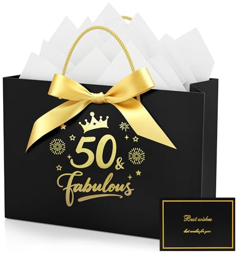 50th Birthday Gift Bag with Tissue Papers & Greeting Card, Black | with Birthday Wrapping Paper, for Women Men 50 Year Old Present, Party Decorations Supplies (20 x 10 x 28 cm)