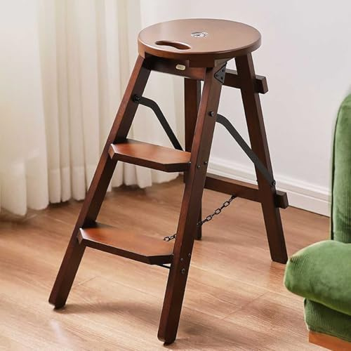 3-Stufen-Leiter, klappbarer Tritthocker aus Holz, 2-in-1-Barhocker aus Holz, Ausstellungsregal, Blumenregal für den Küchenschrank zu Hause, tragbare, rutschfeste Trittleitern(Round)