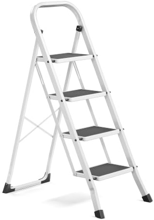 SONGMICS Escalera de Tijera, Escalera con 4 Peldaños, Peldaño Plegable, Bloqueo de Seguridad, Fácil de Guardar, Carga hasta 150 kg, Blanco GSL004WZ01
