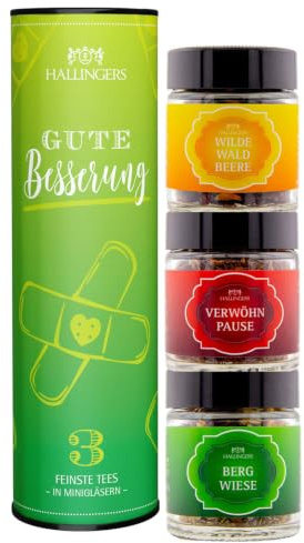 Hallingers Genuss Manufaktur Tee Geschenk-Set - 3 Sorten premium loser Tee in Gläsern, Probierset in edler Geschenk-Dose Gute Besserung vegane Tees, Geschenkidee für Frauen Männer