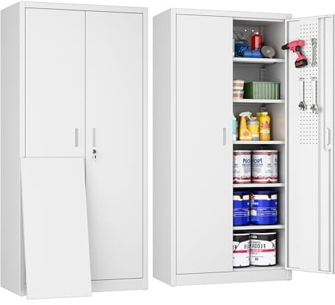 Aobabo Aufbewahrungsschrank aus schwarzem Metall mit Stecktafeln, 180 cm hoch, Garagenschrank mit 2 abschließbaren Türen und 5 verstellbaren Regalen (Weiß)