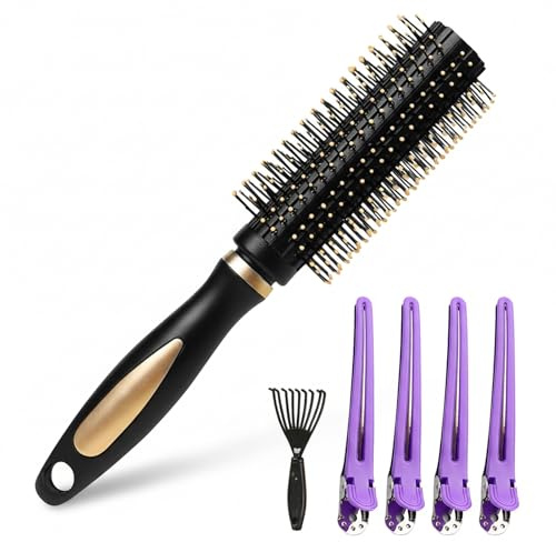 6-Piece Round Hair Brush Set - Complete Styling Kit with Blow Dry Brush, Cleaning Claw & 4 Hair Clips | Volumising Barrel Brush for All Hair Types