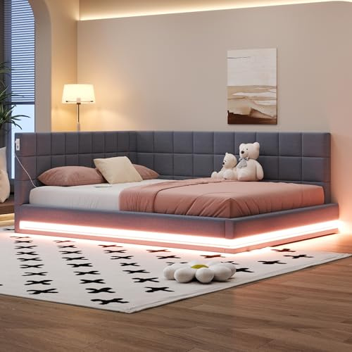 ZIDEY Polsterbett Schlafsofa 160x200 mit LED, USB-Steckdose, Tagesbett mit Lattenrost, Sofabett Funktionsbett Daybett, ohne Matratze, Grau
