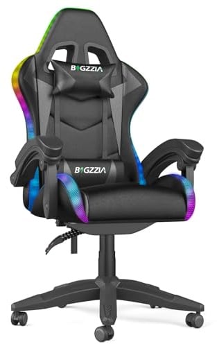Racingreat Gaming-Stuhl LED mit Schillernde Lichtleiste, PC Gaming Stuhl mit Polsterung und Kopfstütze, Verstellbarer Höhe und Taillenwinkel, Gamer-Sessel Für Erwachsene, Mädchen, Jungen (Schwarz)