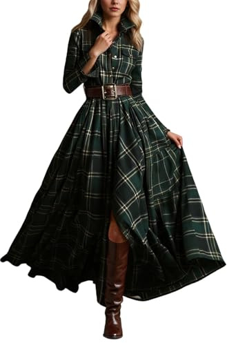 Generisch Robe longue vintage élégante pour femme - Robe longue bohème décontractée - Robe longue à carreaux - Robe d'hiver et d'automne - Robe florale - Col en V - Jupe décontractée - Robe en