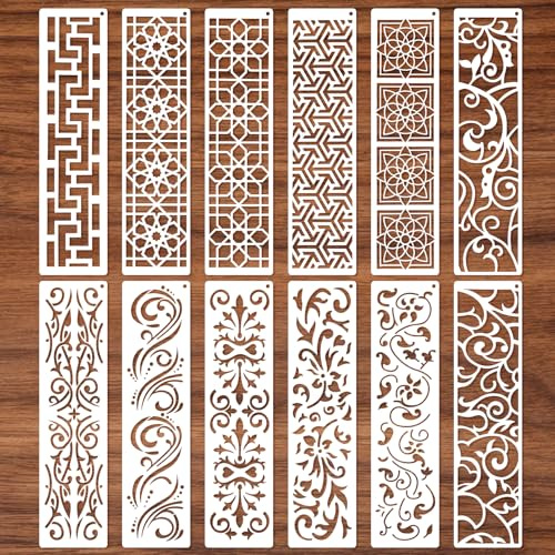 MWOOT Pochoirs Bordure Fleurs pour la Peinture, 12 Pochoirs Mandala Réutilisables pour Loisirs Créatifs, Modèles Texture Géométrique pour la Peinture sur Mur, Bois, Toile, Décoration Intérieure DIY