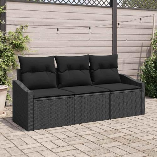 Kaloriko Garten Sofa Set mit Kissen 3-teilig, Schwarz Poly Rattan, Modular, UV-beständig, Wetterfest für Terrasse Balkon