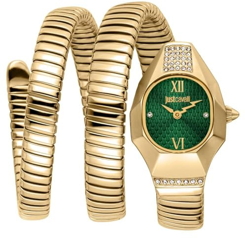 Just Cavalli Signature Snake Lunara - Damen-Armbanduhr Quarz Mode Armband und Edelstahlgehäuse Farbe Gold Analoges Zifferblatt Grün - JC1L397M0045
