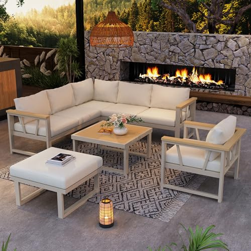 Merax Gartenmöbel Set 7-Sitzer, Polyrattan Lounge mit 5-Sitzer Ecksofa, Sessel, Hocker und Couchtisch, verzinktes Stahlgestell, Outdoor Sofa Set für Terrasse und Garten, Khaki/beige