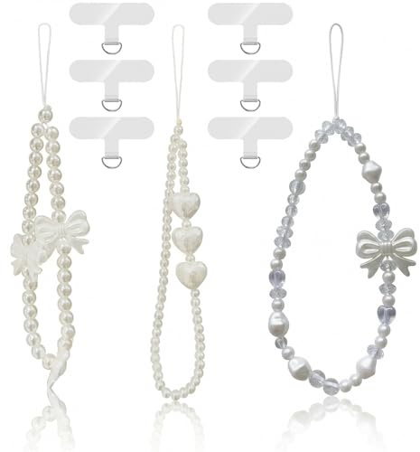 3 Piezas Colgante para Móvil con 6 Parches, Cadena de Móvil con Cuentas de Acrílico Blanca, Colgador Móvil con Diseño de Lazo y Corazón, Phone Charm Estilo Aesthetic para Mujer y Niñas