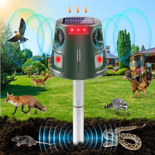 360° Solar Repelente Gatos, Ultrasónico Ahuyentador Pare Animales con Sensor de Movimiento y Luz Intermitente, 5 Modos Ahuyentador Impermeable para Exteriores para Ciervos Zorrillos Ardillas Conejos