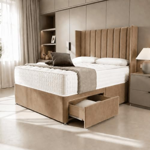 Luxurious Beds Designer Manhattan Wingback Divan Bed Base With 2 Footend Storage Drawers, 54 High Floor Standing Headboard And FREE orthopaedic Mattress (Mink, King Size)