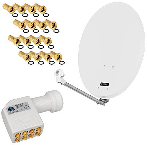 HD Digital SAT Anlage 60cm ALU Spiegel Schüssel Hellgrau + Octo LNB 8 Teilnehmer zum Empfang von DVB-S/S2 Full HD 3D 4K Ultra HD (UHD) Signale + Stecker Gratis dazu im Set